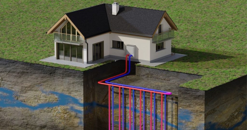 schéma PAC à captation verticale alimentant une maison 