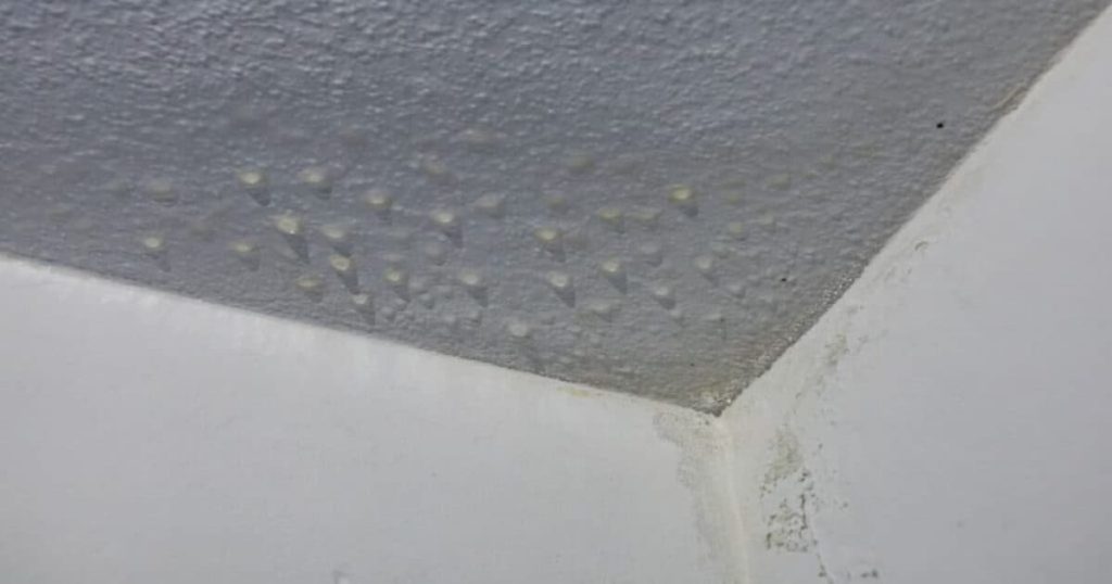 Plafond rempli de gouttelettes d'eau causées par la condensation 