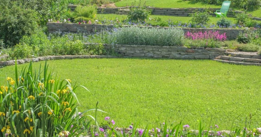 jardin en pente avec mur de pierre