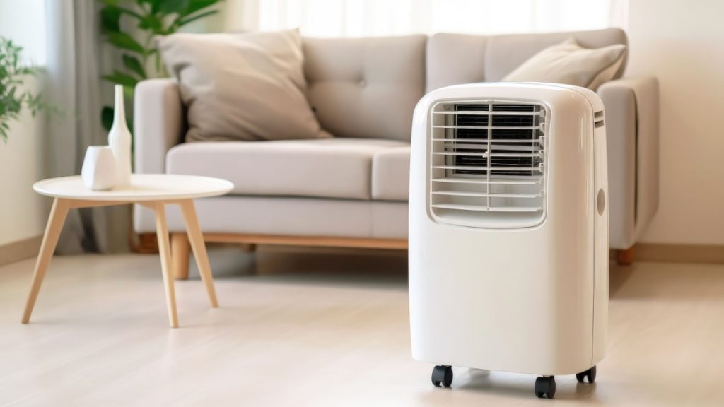 Een witte mobiele airco in een woonkamer met houten vloer en lichtgrijze zetel: een toestel dat mindere prestaties levert in vergelijking met een split unit airco systeem, maar dat wel een goede tijdelijke oplossing kan bieden bij extreme hitte.