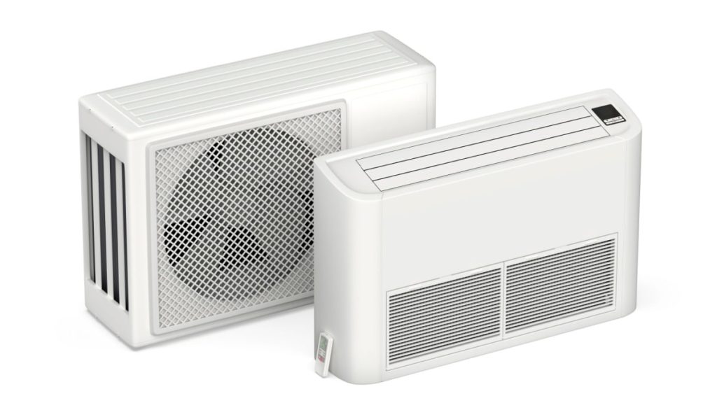 Een mobiele split unit airco met binnen- en buitenunit: een goede oplossing om de temperatuur in een caravan of camper op peil te houden.