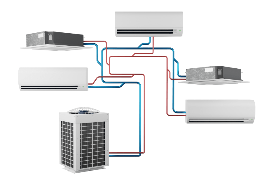 Voorstelling van een multi-split airco: een buitenunit gekoppeld aan verschillende binnenunits, die de lucht ontvochtigen bij het koelen en verwarmen van de ruimtes waar ze geïnstalleerd zijn.