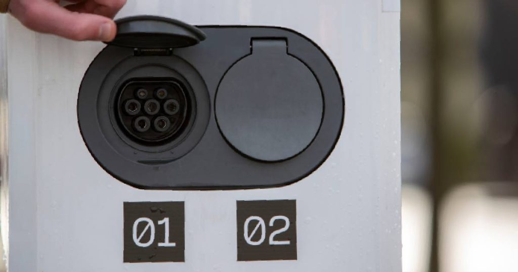Een van de beste dubbele laadpalen voor thuis met 2 sockets. Een hand lift het klepje van het linkse laadpunt op. Onder de sockets staan '01' en '02'.
