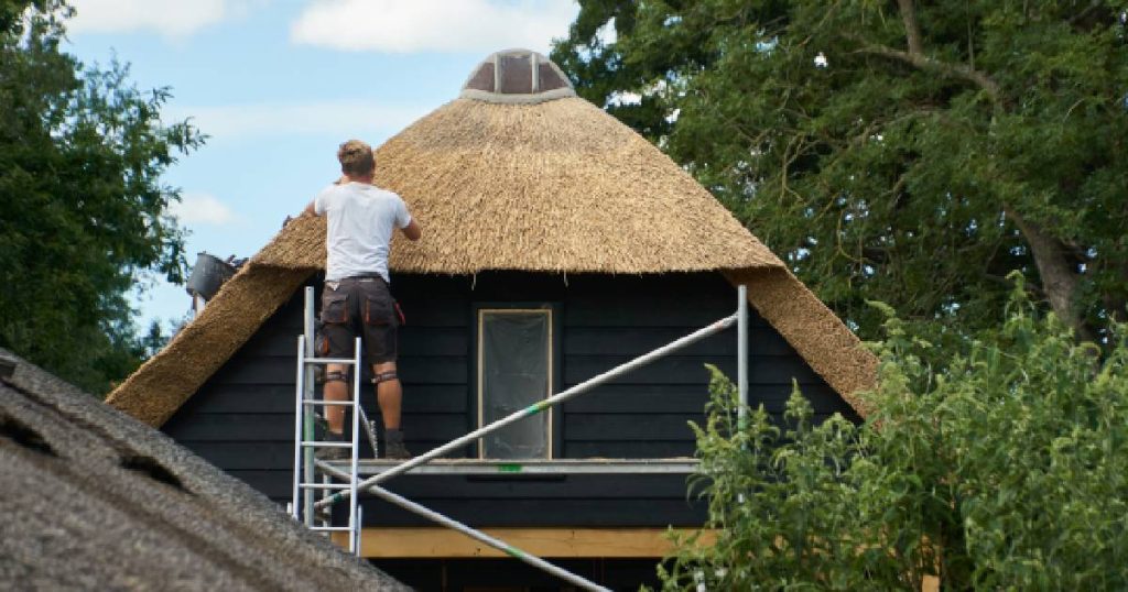 Een dakwerker bekleedt een licht gebogen dak of spitsboogdak met riet.