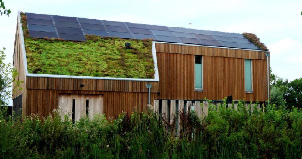 Een grote woning met houten gevel en hellend dak met groendak en zonnepanelen. 