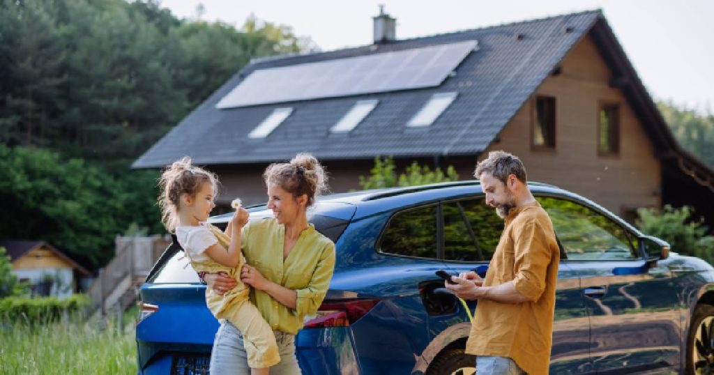 Een man, dame en jong meisje staan voor een elektrische wagen die oplaadt via een slimme loadbalancer laadpaal. Dankzij dynamic load balancing kunnen zij de energie van hun zonnepanelen optimaal verdelen over woning en wagen, zonder hun elektriciteitsnet te overbelasten.