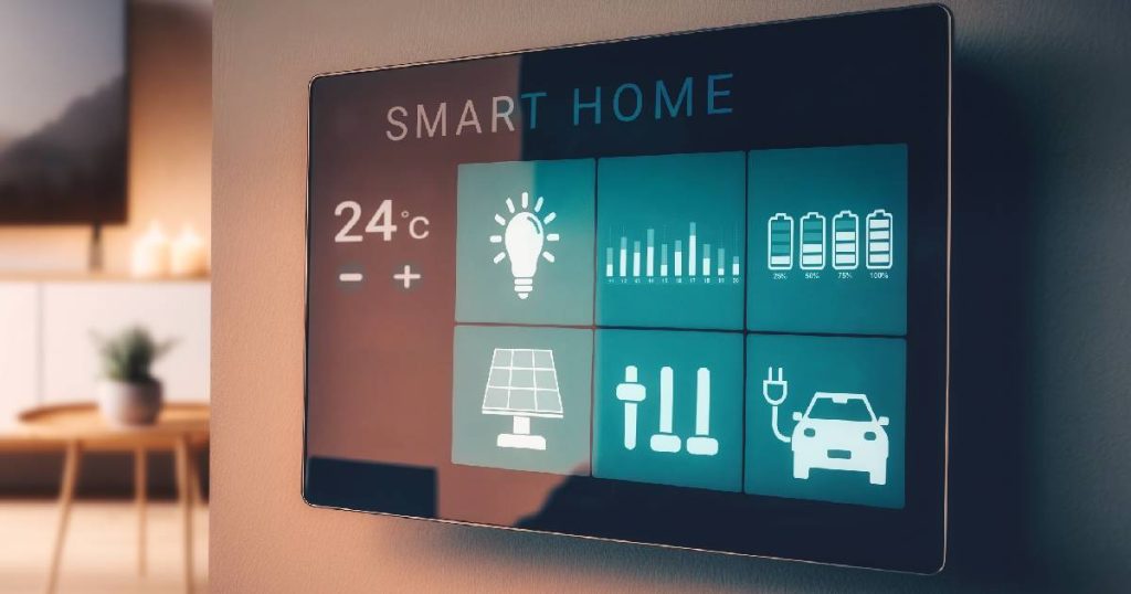 Het touchscreen bedieningspaneel van een smarthome met koppeling naar de slimme laadpaal, een zonnepaneelinstallatie, elektrische apparaten en een overzicht en het beheer van het energieverbruik.