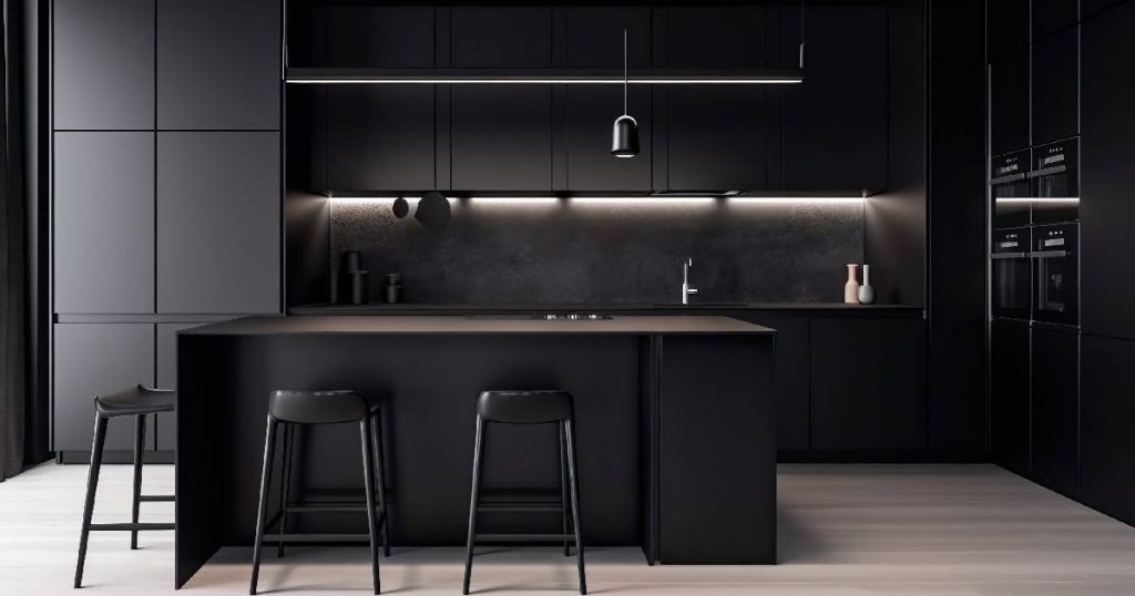 Een monochroom zwarte keuken met als enige lichte accent de licht gekleurde houten vloer. De keuken beschikt over een ruim keukeneiland met toog, ingebouwde apparatuur, greeploze keukenkasten en functionele verlichting onder de bovenkasten.